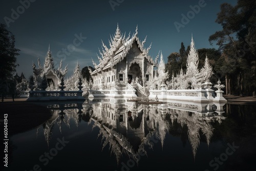 A reflection of the White Temple in the water. Wat Rong Khun or White Temple in Chiang Rai, Thailand. Generative AI