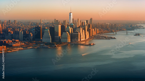 A vibrant New York City skyline during the golden hour. The panoramic view features modern skyscrapers reflecting blue, orange, and yellow hues on the water, Created with generative Ai Technology.
