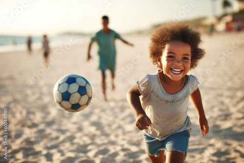 Summer mixed race black girl playing soccer on the beach summer time © Sam