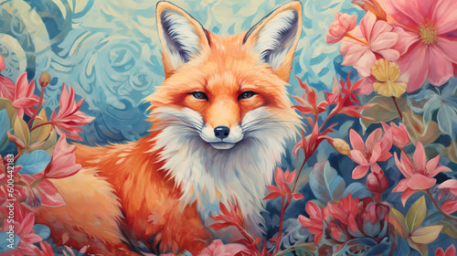 Fox illustration in the flowers  © 俊后生