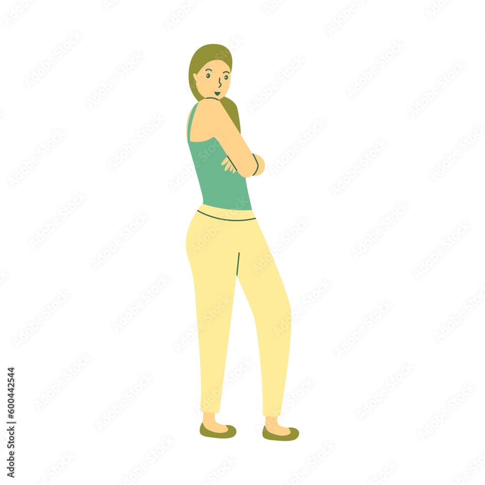 Young smiling girl standing sideways with her arms crossed over her chest. Confident woman, successful employee, team worker. Colorful vector isolated illustration hand drawn Young smiling girl standing sideways with her arms crossed over her chest. Confident woman, successful employee, team worker. Colorful vector isolated illustration hand drawn