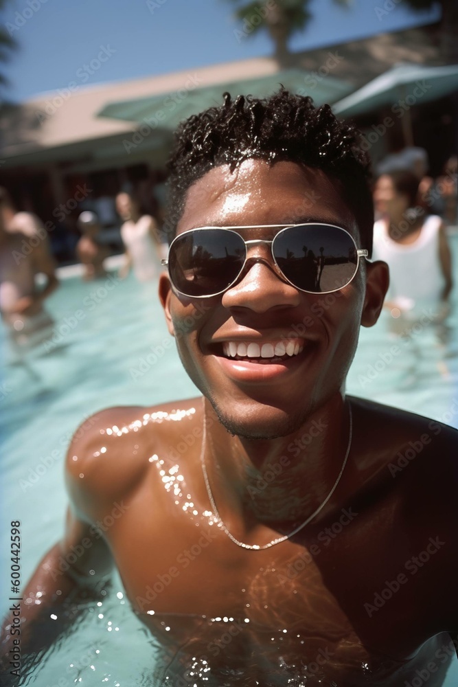 Smiling Young Man with Aviator Sunglasses in Pool Summertime Fun Photorealistic Illustration [Generative AI]