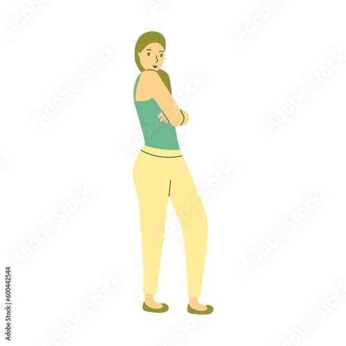 Young smiling girl standing sideways with her arms crossed over her chest. Confident woman, successful employee, team worker. Colorful vector isolated illustration hand drawn