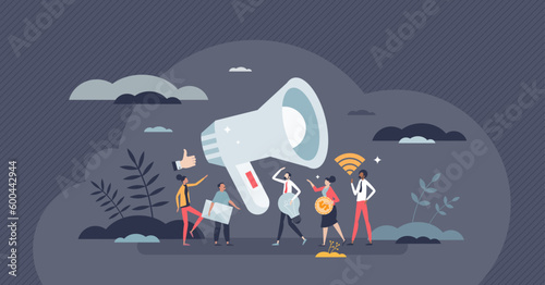 Marketing activity with social media campaign for brand tiny person concept. Communication with customers with promotion as influence, engagement and company recognition strategy vector illustration.