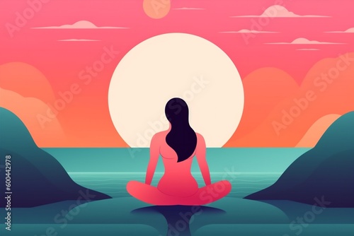 woman ocean lotus person sand back yoga exercise relaxation meditation sea. Generative AI.