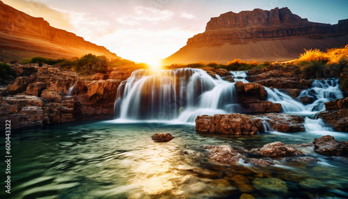 Magical waterfall in the scenic dessert with a peaceful sunset © Kenneth