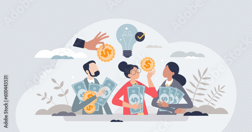 Crowdfunding as money raising for business project tiny person concept. Financial support for new startup company with innovative idea vector illustration. Collective funding platform for campaign.