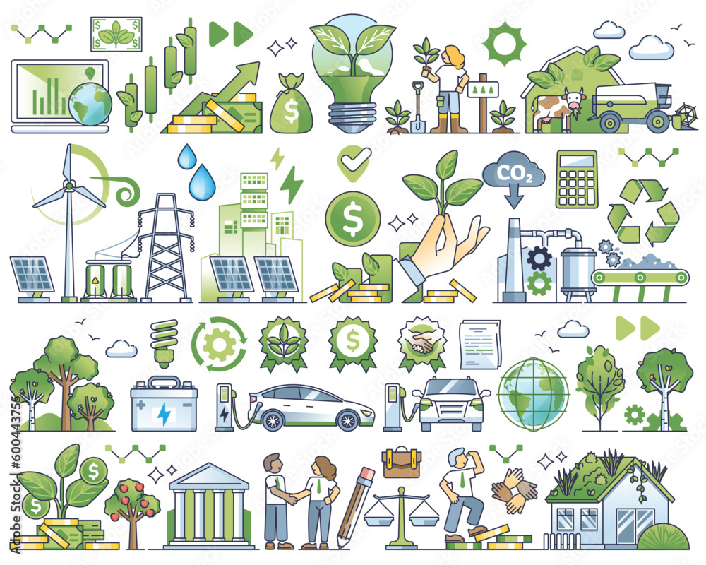 Sustainable investment elements and green ESG ecology outline collection. Social responsible business strategy, recyclable resources and renewable power consumption items group vector illustration. - obrazy, fototapety, plakaty 