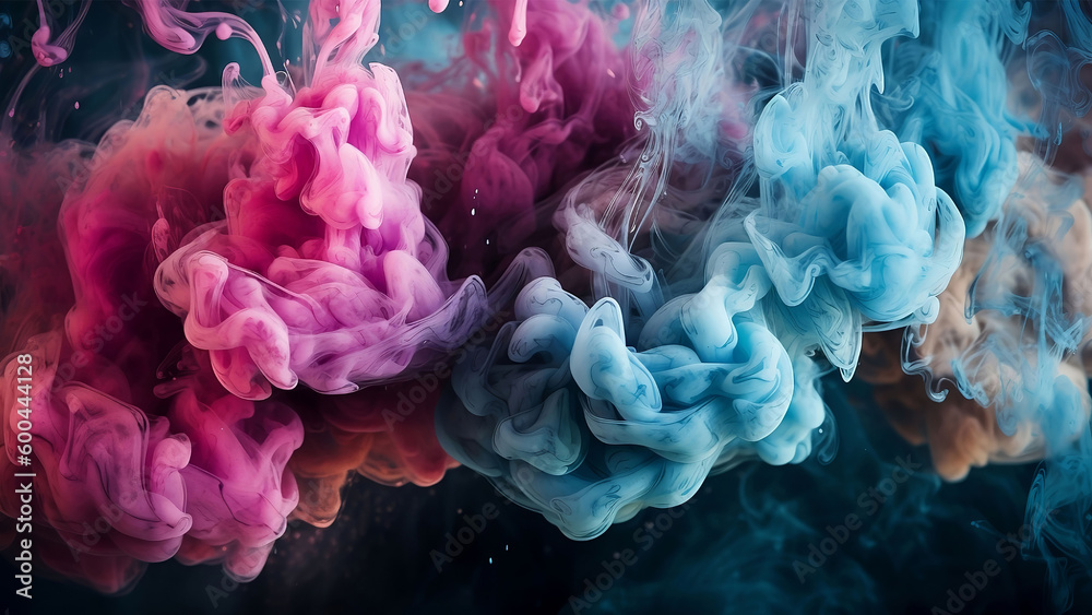 Color mist blue and pink liquid paint, smoke effect, and texture in a