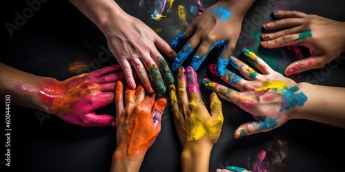 Artistic arrangement of diverse hands, each holding a paintbrush, coming together to create and collaborative masterpiece, concept of Diversity in creativity, created with Generative AI technology