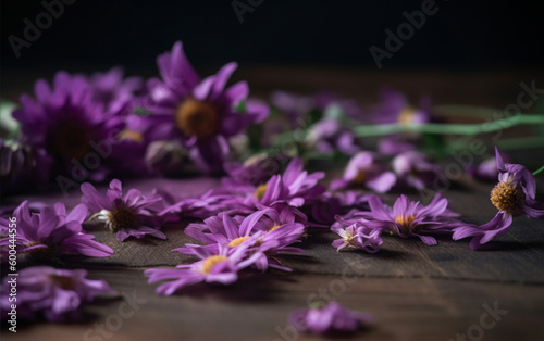 Purple daisies on a wooden table floral background