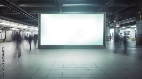  Empty blank billboard or advertising poster in a train station with blurred people. Generative AI 