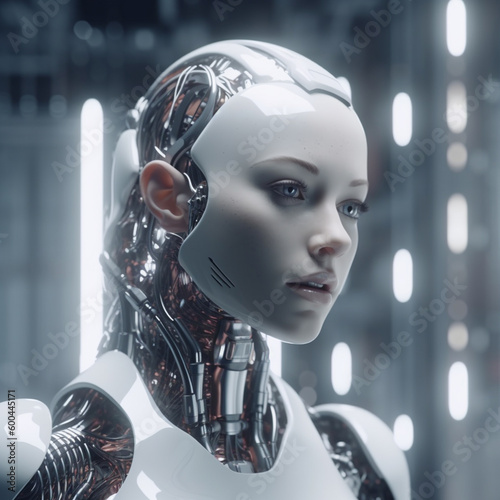 Futuristic Humanoid Robot with White Exoskeleton - Illustration of Artificial Intelligence, Cyborg, Robotics, Innovation, Future Technology photo