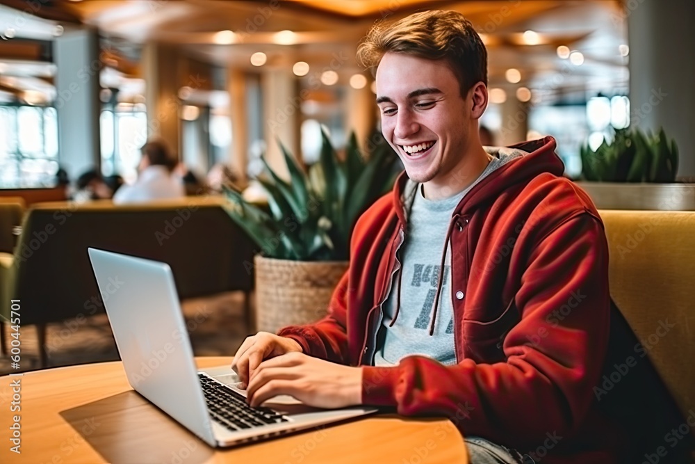 Cheerful and contented young Caucasian man sitting at desk and using laptop with a smile appears to be engaged and focused on his work. Generative AI Cheerful and contented young Caucasian man sitting at desk and using laptop with a smile appears to be engaged and focused on his work. Generative AI