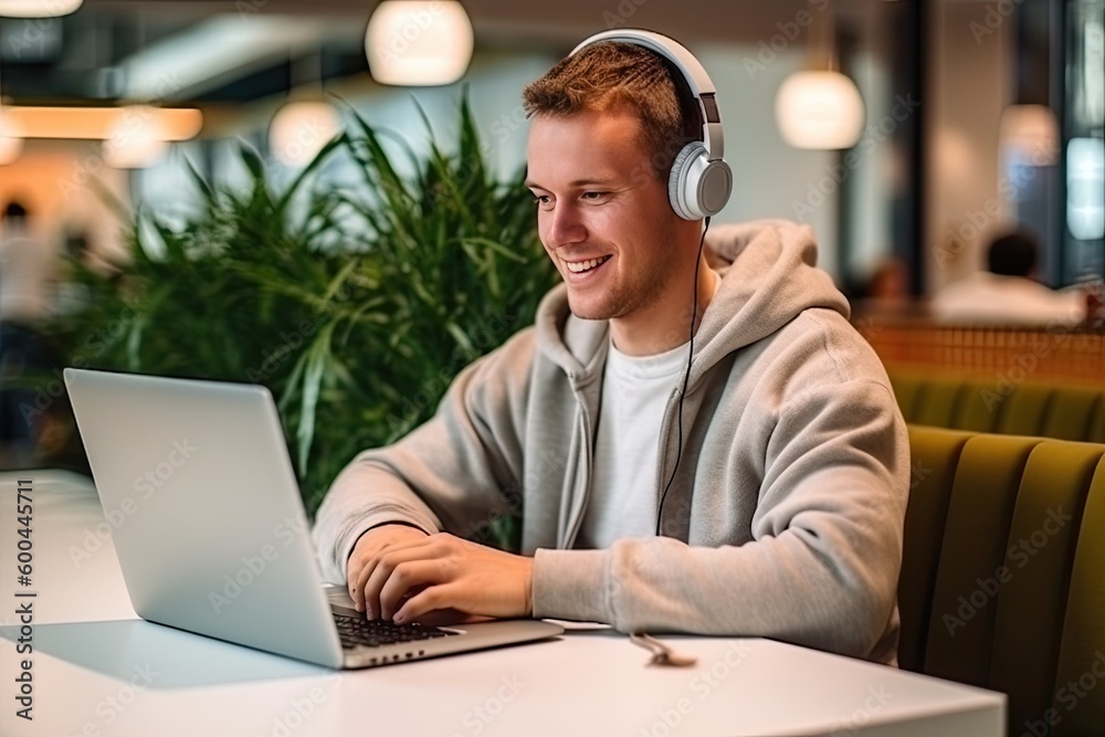 Cheerful and contented young Caucasian man sitting at desk and using laptop with a smile appears to be engaged and focused on his work. Generative AI Cheerful and contented young Caucasian man sitting at desk and using laptop with a smile appears to be engaged and focused on his work. Generative AI