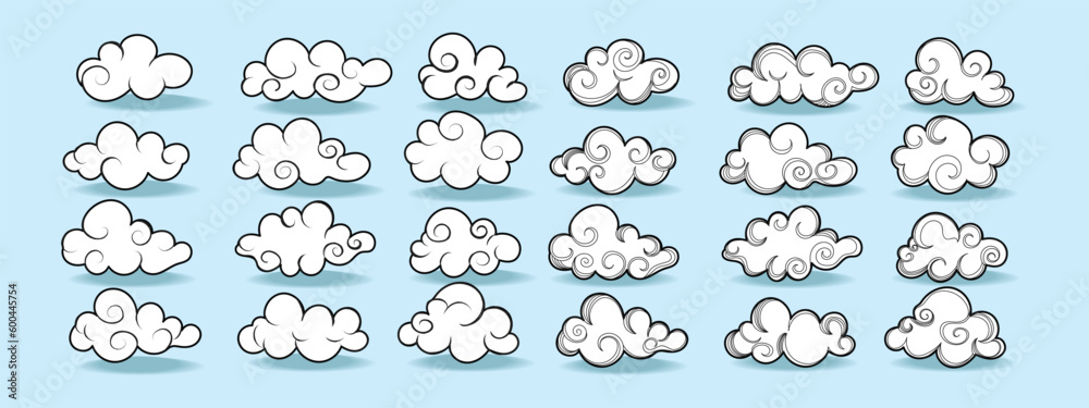 Set of cartoon different cloud icon in a flat design vector illustration. Isolated on blue background. Set of cartoon different cloud icon in a flat design vector illustration. Isolated on blue background.