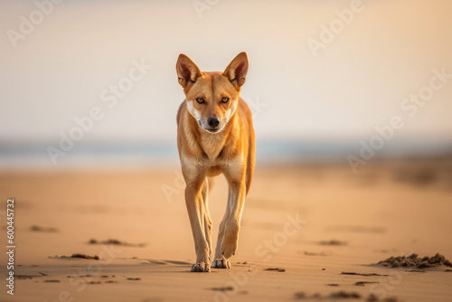 An australian dingo (Canis lupus dingo) walking on the sand at a beach in Australia, generative AI photo