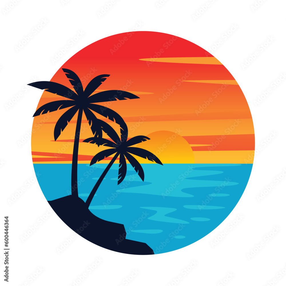 Summer vacation on tropical beach Sunset label, with Palm trees,vector illustration