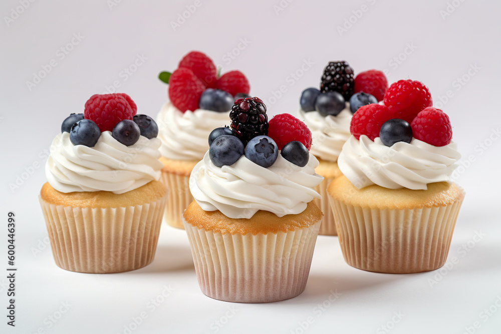 Three cupcakes with white frosting and berries on top. AI generative. Generative AI