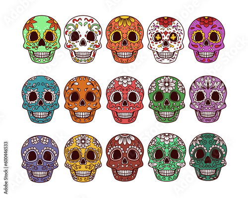 Set of sugar skull hand-drawn illustration, day of the dead decoration vector.