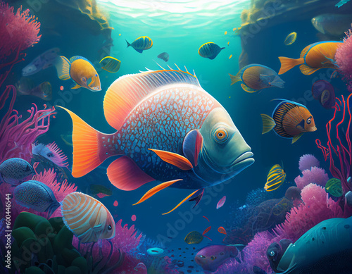 Underwater scene with fish and corals. created with Generative AI