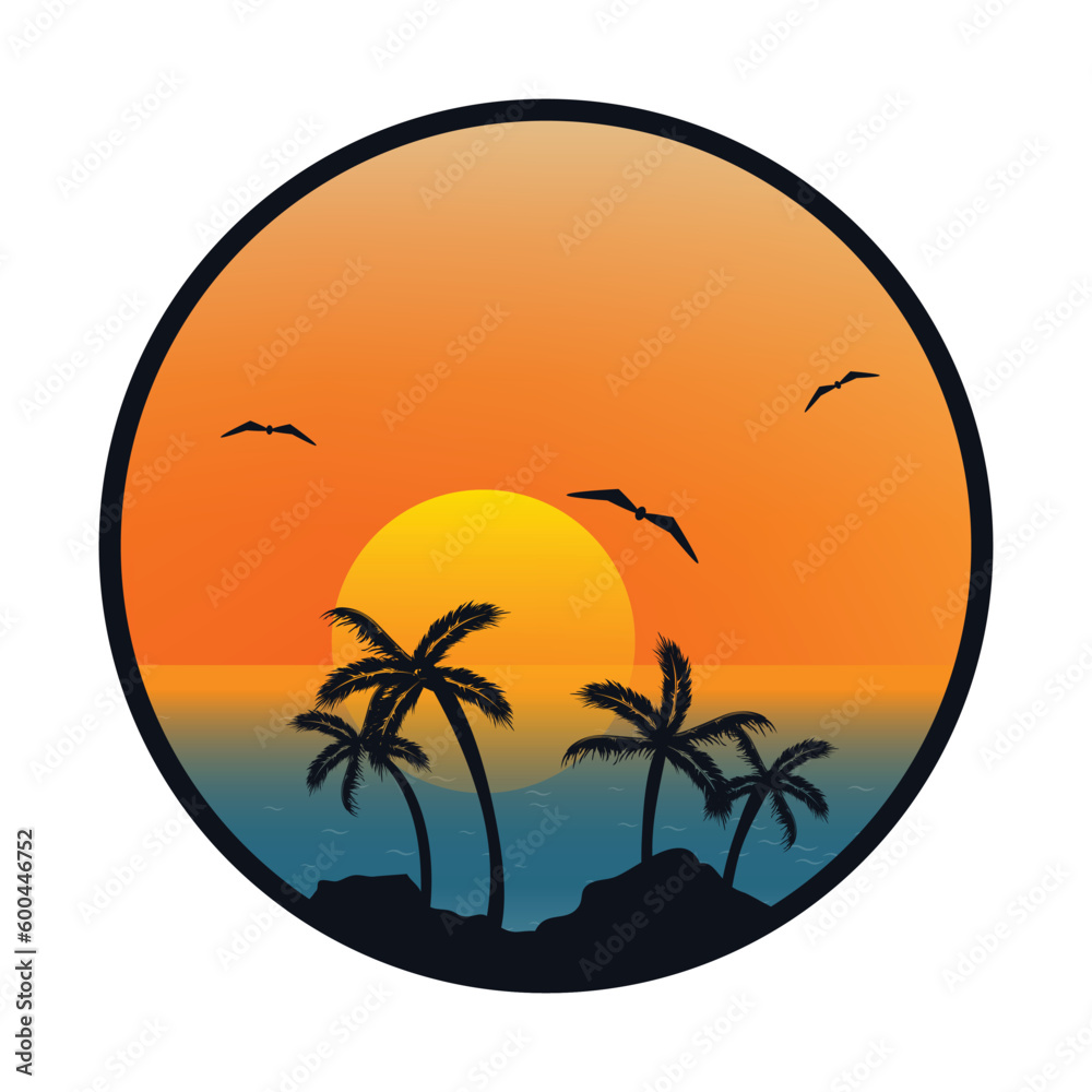 Tropical sun beach logo design, sunset with island logo design, palm tree vector illustration