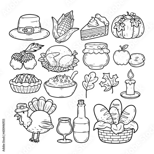 Set of thanksgiving element hand-drawn outline sketch illustration