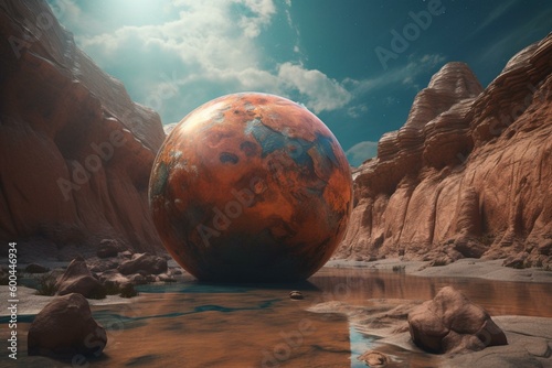 Image of planetary body suspended above a colored terrain. Generative AI