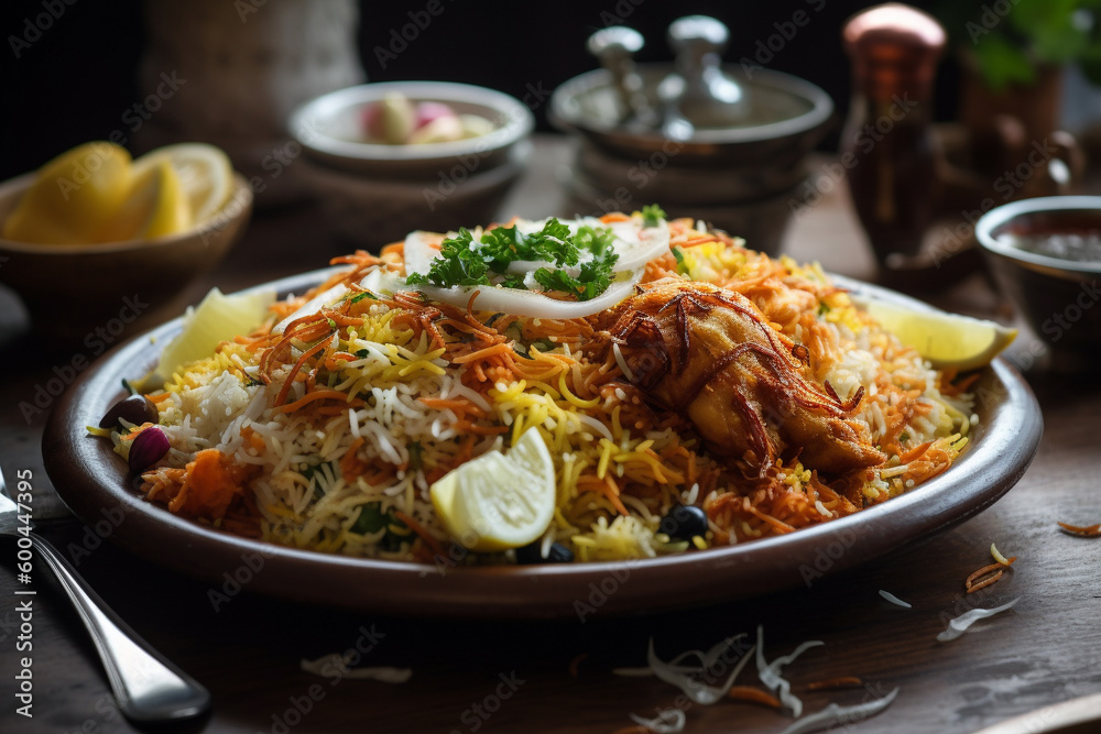 An image of a plate of Biryani Served with some salat, Generative AI An image of a plate of Biryani Served with some salat, Generative AI