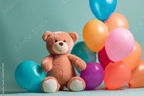 Cute teddy bear with colorful balloons, kids' birthday concept, Generative AI © M2L