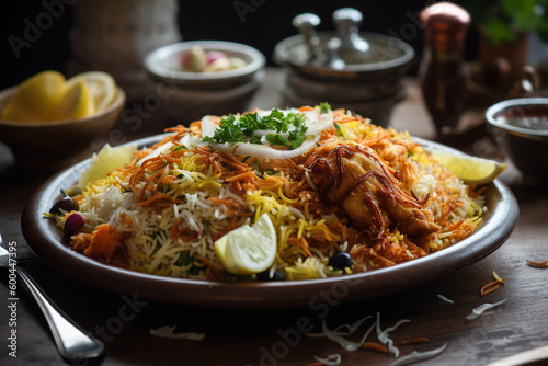 An image of a plate of Biryani Served with some salat  Generative AI
