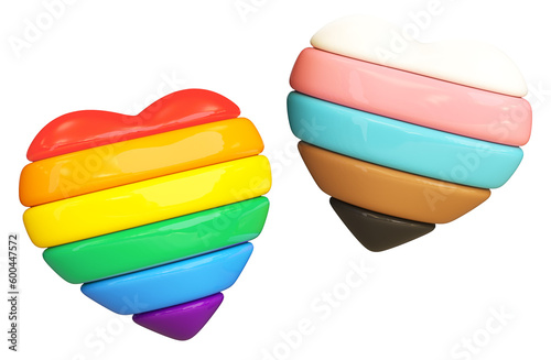 Isolated striped hearts on a transparent background for LGBTQIA+ Pride month celebration. LGBT heart + Trans/Racial heart. Cut out object in 3D illustration