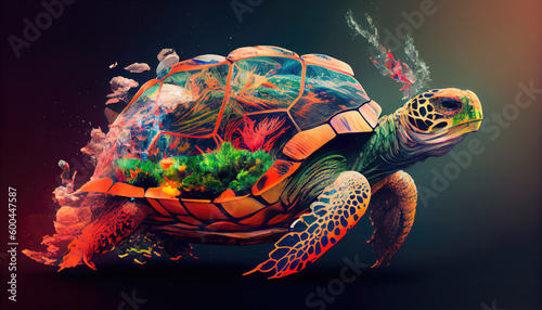 Giant space turtle carrying earth on its back is wandering in space. Generative AI photo