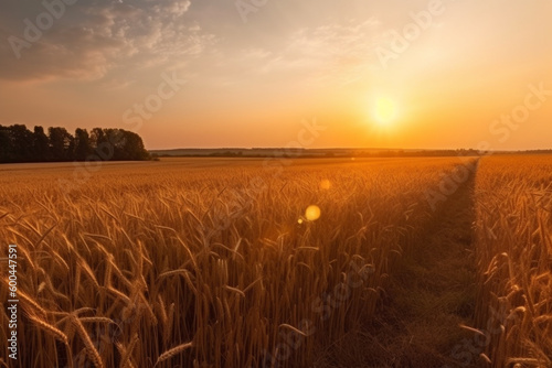 Ripe golden wheat field with sunset  wide view  Generative AI