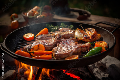 Delicious grilled meat with vegetables sizzling over the coals on a barbecue, Generative AI