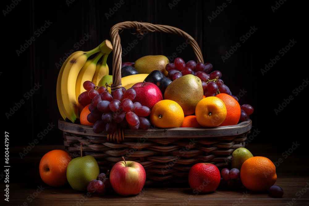 A fruit basket placed on a dark wooden table with a dark background, Generative AI A fruit basket placed on a dark wooden table with a dark background, Generative AI
