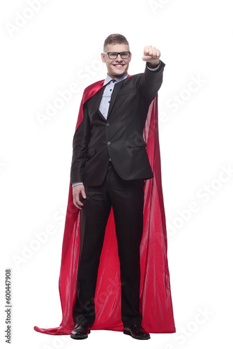 in full growth. young businessman in a superhero Cape.
