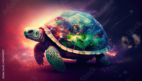 Giant space turtle carrying earth on its back is wandering in space. Generative AI © keks20034