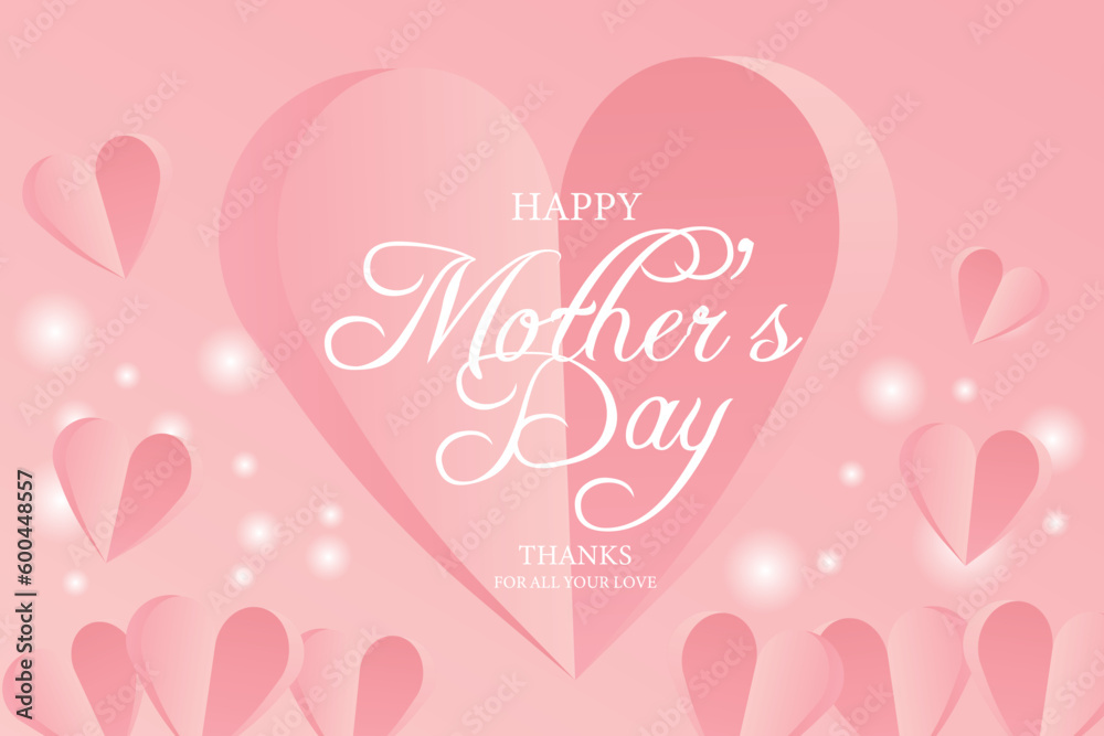 Mother card with paper flying elements, glowing lights on a pink background. Vector symbols of love in the shape of a heart for the design of greeting cards Happy Mother's Day.