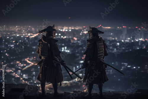 Two samurai standing in front of a city at night, Generative AI
