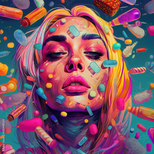 blonde woman with drugs and pills around face, made with generative ai
