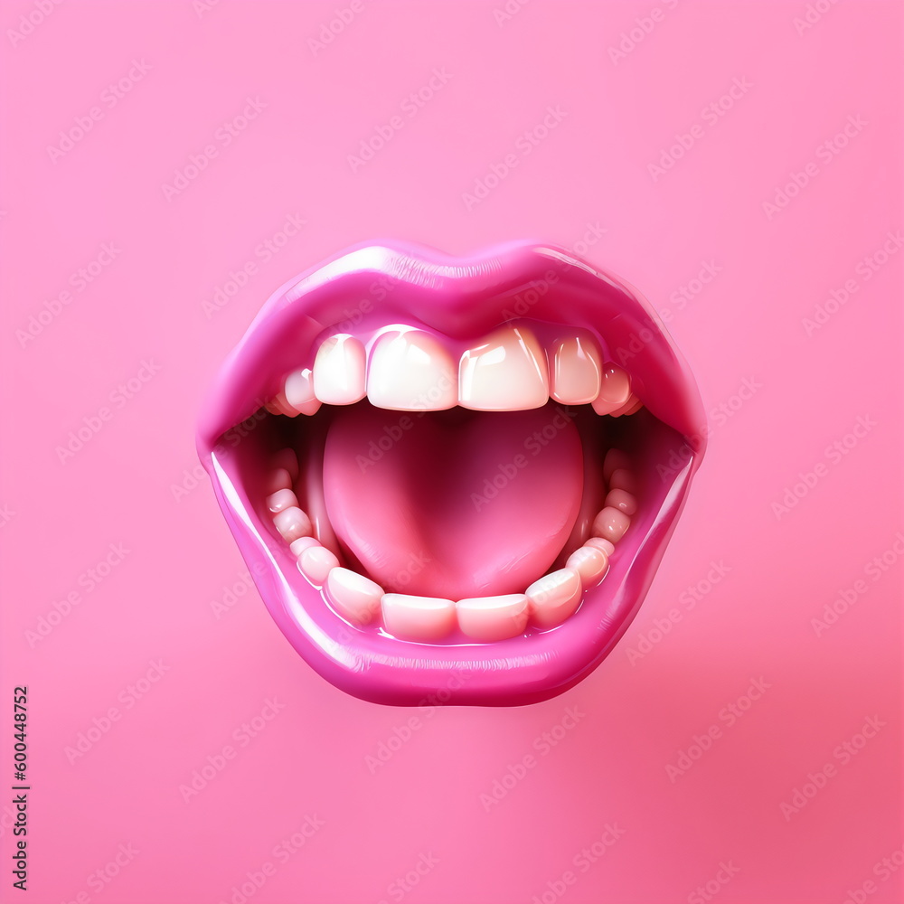 disembodied open mouth, hot pink lips and teeth ceramic model isolated ...
