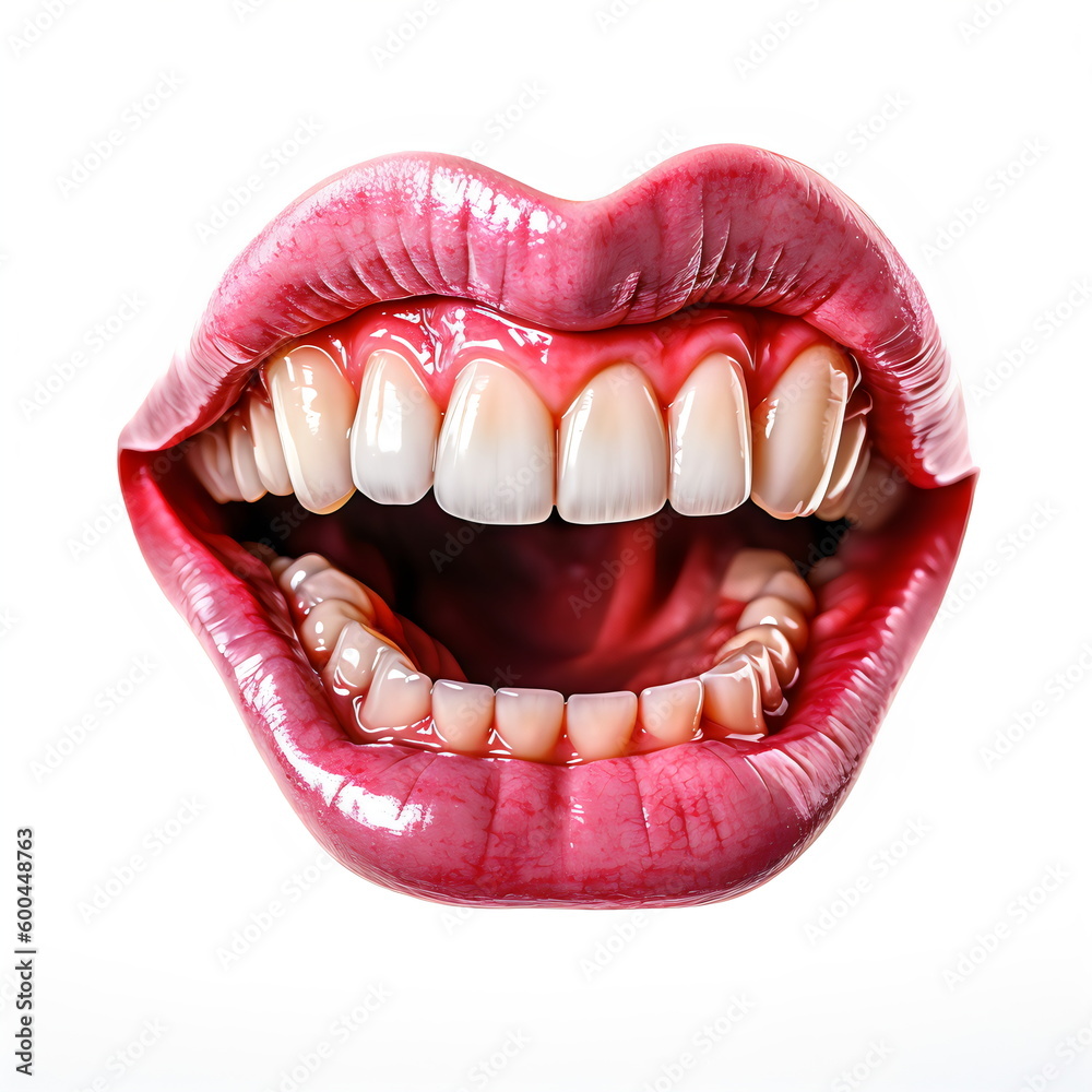 Obraz premium mouth, pink lips and teeth ceramic model isolated on white background, made with generative ai