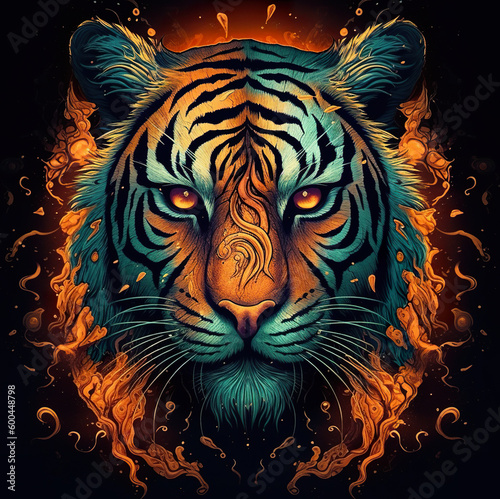 A tiger head with orange flames in the background. AI generative cyan orange image. Generative AI