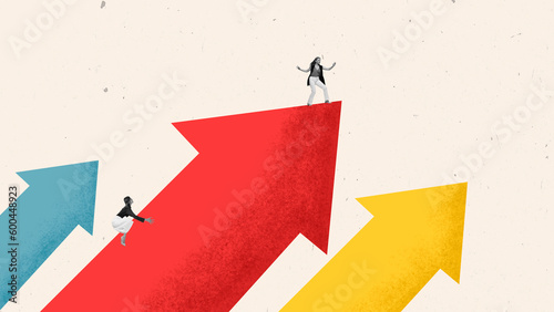 Foto Contemporary art collage with two women near huge arrows trying to find working and life balance on white background