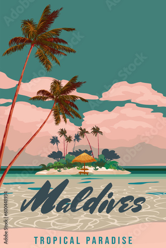 Maldives travel poster tropical resort vintage