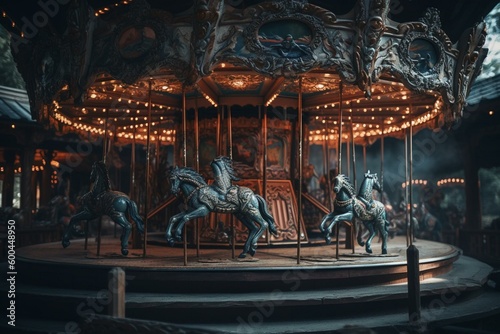 A creepy carousel with specters in an empty, forgotten amusement park. Generative AI © Sawyer
