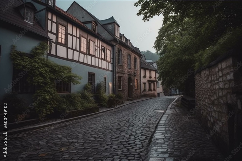 A street in a town beside a castle. Generative AI