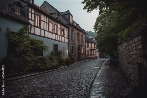 A street in a town beside a castle. Generative AI © Sawyer