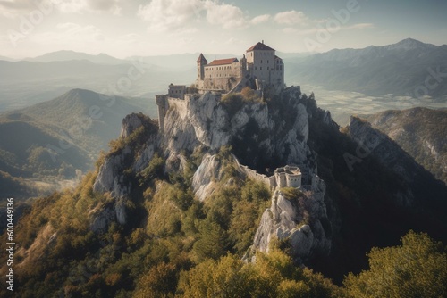 A castle from medieval times perched atop a mountain. Generative AI